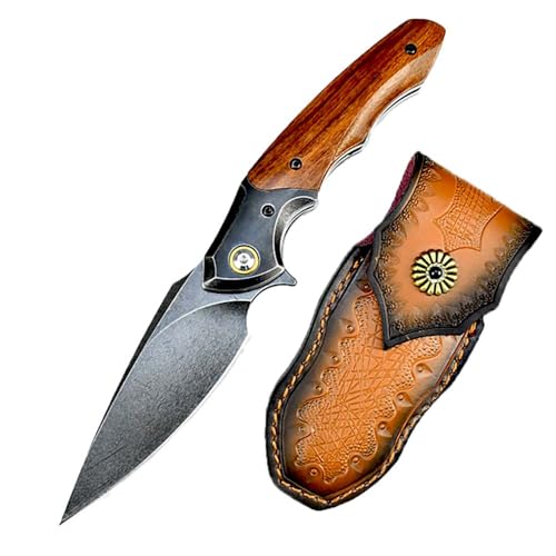 Taschenmesser Premium Sammeln Klappmesser Robust Aus D2 Stahl Holzgriff mit 8.5cm Klinge, Eisenholz, pocket neck knife, Outdoor Edc Messer Survival Jagdmesser, Geschmiedet einhandmesser mit Holster von Joa