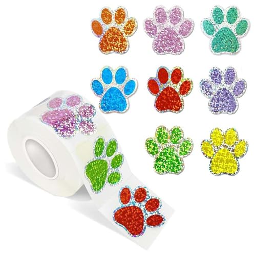500 mehrfarbige holografische Vinyl-Pfotenabdruck-Aufkleber für Kinder, wasserdicht, wiederverwendbar, Hundepfote, Glitzer, Rolle, Outdoor, Wand, Fenster, Möbel, Scrapbook von Joberio