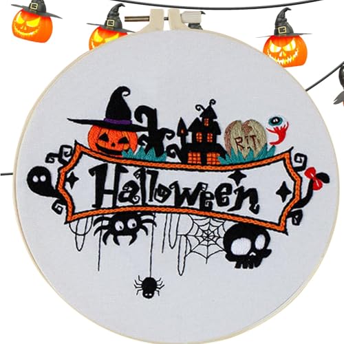 Halloween-Nadelspitze, Stickrahmen, Nadeln, Faden-Set, Halloween-Stickerei, Ornament-Set mit Halloween-Muster für Erwachsene, Anfänger, Heimdekoration von Joberio