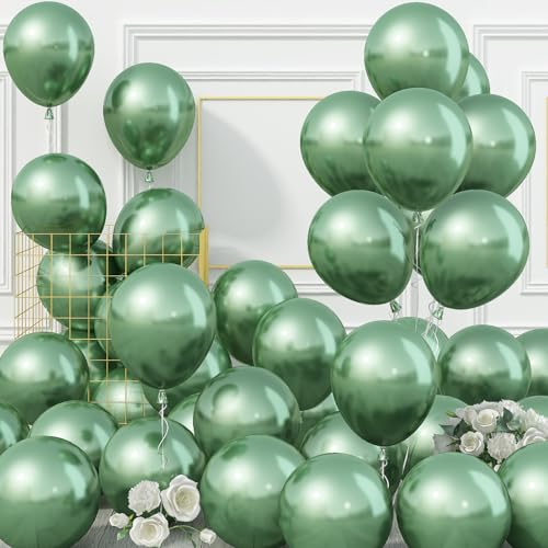 50 Stück Metallic Grün Luftballons, 10 Zoll Chrom Sage Grün Helium Ballons Set,Glänzend Dickes Retro Olivgrün Salbeigrün Metallisch Latex Partyballons für Geburtstag Dschungel Abschluss Babyparty Deko von Jobkoo