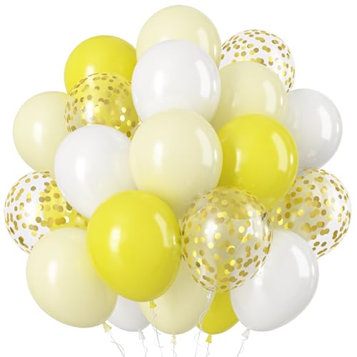 60 Stück Luftballons Gelb Weiß, 12 Zoll Pastell Gelb Weiss Latex Ballons Gelb Konfetti Helium Party Ballons Weiß Gelb Gold Luftballon für Junge Mädchen Geburtstag Babyparty Hochzeit Party Dekoration von Jobkoo