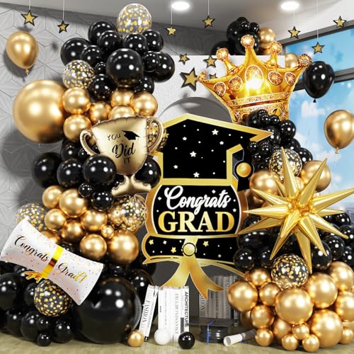 Abschlussdekorationen, Klasse 2025, Schwarz und Gold, Luftballons, Bogen-Set, 120 Stück, Glückwunsch-Ballon mit goldenen Konfetti-Ballons, Explosionsstern, Zertifikat, Trophäen, Krone, Folienballon Abschlussdekorationen, Klasse 2025, Schwarz und Gold, Luftballons, Bogen-Set, 120 Stück, Glückwunsch-Ballon mit goldenen Konfetti-Ballons, Explosionsstern, Zertifikat, Trophäen, Krone, Folienballon von Jobkoo