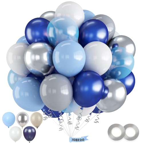 Luftballons Blau Weiß, 60 Stück Luftballons Blau Silber Weiss Grau mit Metallic Silber Luftballons, Marineblau Hellblau Macaron Blau Pastell Blau Luftballons für Kinder Junge Geburtstags Party Deko von Jobkoo