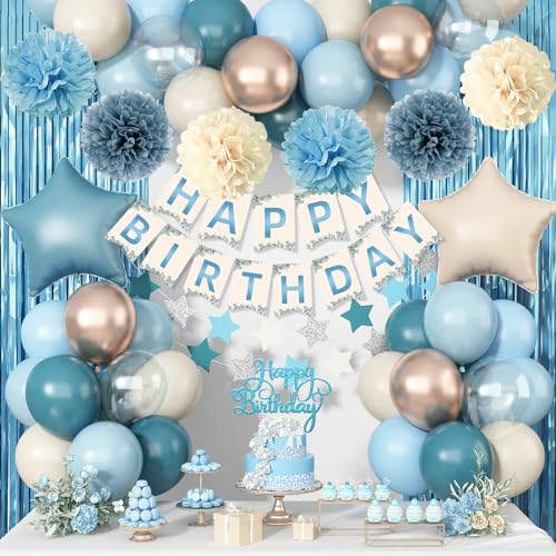 Blaue Geburtstagsdekorationen, Retro Dusty Blue Sand Weiß Gold Party Ballon Kit mit Happy Birthday Banner Fransen Vorhang Hintergrund Pom Poms Kuchen Topper für Baby Jungen Mädchen Frauen Männer Bday Blaue Geburtstagsdekorationen, Retro Dusty Blue Sand Weiß Gold Party Ballon Kit mit Happy Birthday Banner Fransen Vorhang Hintergrund Pom Poms Kuchen Topper für Baby Jungen Mädchen Frauen Männer Bday von Jobkoo