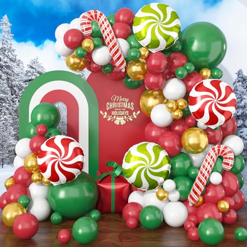 Luftballons Weihnachten, 114 Stück Rot Weiß Grün Christmas Balloons mit Zuckerstangen Geschenkbox Windmühle Folienballon Weihnachten Metallic Gold Ballons, Retro-Grüne Ballon für Weihnachts Deko von Jobkoo