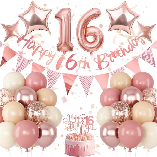 Jobkoo Mädchen 16 Geburtstag Dekorationen, Retro Pink Nude Sweet 16 Ballon Set Happy 16th Birthday Banner Cake Topper Dusty Pink Beige Rosegold Stern Ballons für Boho 16 Jahre alt Bday Party Jobkoo Mädchen 16 Geburtstag Dekorationen, Retro Pink Nude Sweet 16 Ballon Set Happy 16th Birthday Banner Cake Topper Dusty Pink Beige Rosegold Stern Ballons für Boho 16 Jahre alt Bday Party von Jobkoo