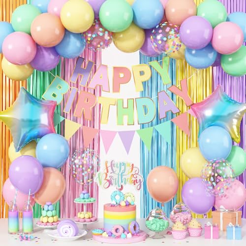 Jobkoo Pastellfarbene Geburtstagsdekorationen für Mädchen, Macaron-Regenbogen-Ballons, wiederverwendbar, Happy Birthday-Banner, Schild, Fransenvorhang, Kuchendekoration für Kinder, Frühling, Babyparty Jobkoo Pastellfarbene Geburtstagsdekorationen für Mädchen, Macaron-Regenbogen-Ballons, wiederverwendbar, Happy Birthday-Banner, Schild, Fransenvorhang, Kuchendekoration für Kinder, Frühling, Babyparty von Jobkoo