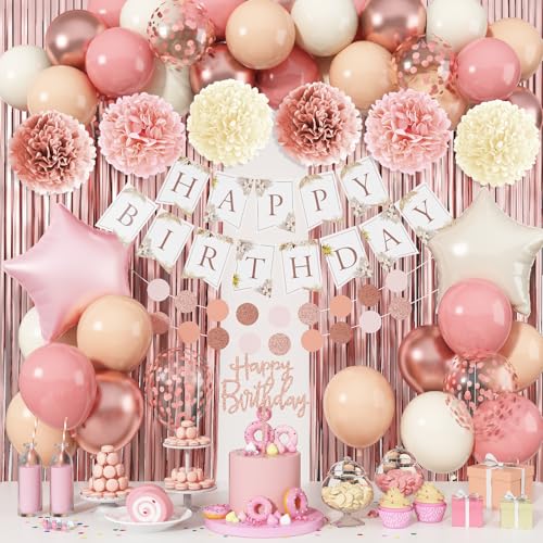 Jobkoo Rosa Geburtstagsdekorationen für Frauen, Boho Dusty Pink Rose Gold Blush Beige Latex Ballons Happy Birthday Banner Folie Fransen Vorhang Seidenpapier Pompon für Frauen Mädchen Party Dekoration Jobkoo Rosa Geburtstagsdekorationen für Frauen, Boho Dusty Pink Rose Gold Blush Beige Latex Ballons Happy Birthday Banner Folie Fransen Vorhang Seidenpapier Pompon für Frauen Mädchen Party Dekoration von Jobkoo