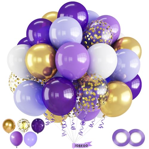Luftballons Lila Weiß Gold, 60 Stück Lila Luftballons Set mit Gold Konfetti Luftballons Metallic Gold Luftballons, Flieder Violett Macaron Lila Ballon für Mädchen Prinzessin Party Geburtstag Deko von Jobkoo