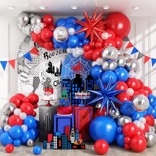 Luftballon-Bogengirlande-Set, rote königsblaue Latex-Luftballons, 4D-Silberkugel, Explosionsstern-Folienballons für Kinder, Superspinnenhelden-Party, Abschlussfeier, 4. Juli, Baseball von Jobkoo