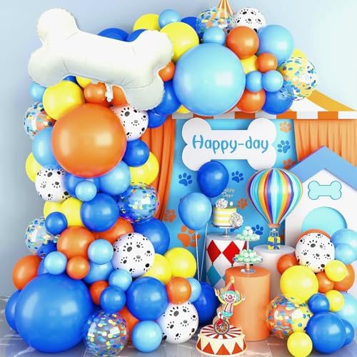 Luftballon Girlande Blau, 105 Pcs Hund Thema Geburtstag Deko mit Ballon Girlande Pfote und Blau Orange Konfetti Luftballons, Pfote Gedruckt Knochen Folienballon, Ballons Blau Orange für Party Deko von Jobkoo