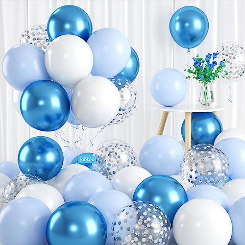 Luftballons Blau Weiß, 60 Stück Luftballons Blau Weisse mit Silber Konfetti Luftballons Metallic Blau Luftballons, Marineblau Hellblau Pastell Blau Luftballons für Kinder Junge Geburtstags Party Deko von Jobkoo