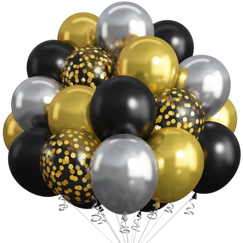 Luftballons Schwarz Gold Silber, 12 Zoll Metallic Silber Gold Schwarz Helium Luftballon mit Golden Konfetti Latex Party Ballons für Geburtstag Jahrestag Hochzeit Babyparty Verlobungs Party Dekoration von Jobkoo