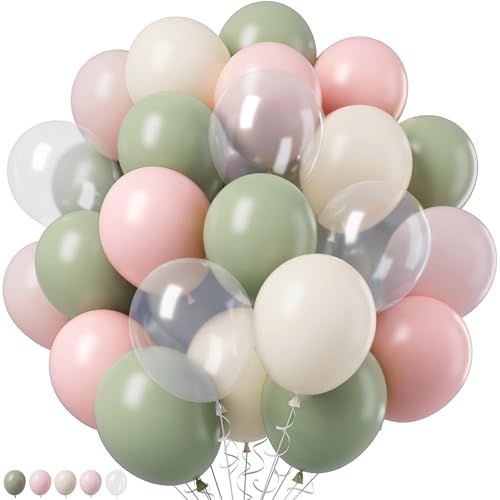 Retro Rosa und Salbeigrün Luftballons, Olivgrün Blass Pastell Rosa Creme Weiß Klar Transparent Ballon für Feen Tee Party, Blumenballons als Baby Shower Hochzeit Nussknacker Geburtstag Party Dekoration von Jobkoo