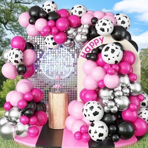 Jobkoo Rosa schwarz Luftballon Girlande, 110 Stück Kuh Deko mit Luftballons Silber Pink Kuh Ballon, Cowgirl Bauernhof Geburtstagsdeko Western Ballongirlande für Mädchen Kinder Geburtstag Deko Party von Jobkoo