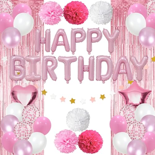 Rosa Geburtstagsdeko Mädchen, Kindergeburtstag Deko Rosa Weiss, Luftballons Geburtstag Weiß Pink Happy Birthday Ballon Banner Girlande Lametta Vorhang Pink für Frauen Geburtstag Party Dekoration von Jobkoo