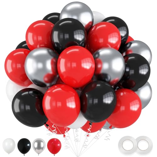 Luftballons Rot Schwarz Weiß, 60 Stück Rot Schwarz Ballons mit Metallic Luftballons Silber, Graduierung Luftballons für Kinder Junge Superhelden Themen Party Deko Abschlussfeier Geburtstag Deko von Jobkoo