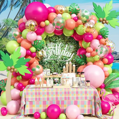 Tropische Luftballon Girlande, Luftballons Grün Rosa Hawaii Deko Set mit Palmblätter Ballons, Luau Aloha Party Dekorations Pink Grün Regenbogen Ballongirlande für Flamingo Sommer Girlande Kit von Jobkoo