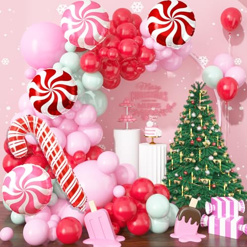 Weihnachten Deko Luftballon Girlande, Rosa Rot Grün Luftballons mit Rosa Rot Windmühle Zuckerstangen Folienballons Weihnachten, Pink Grüne Ballons für Weihnachten Dekorationen Weihnachtsfeier Kit von Jobkoo