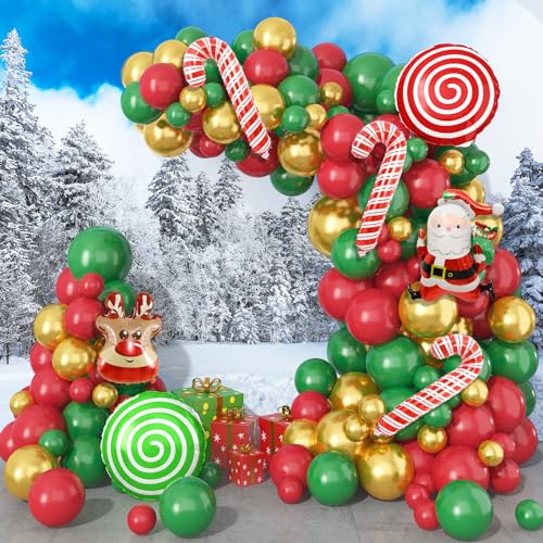 Weihnachten Luftballon Girlande, Rot Grün Luftballons Weihnachten mit Rentier Zuckerstangen lutscher Folienballons Metallic Gold Ballons, Grün Rot Gold Ballons für Christmas Party Weihnachten Deko von Jobkoo