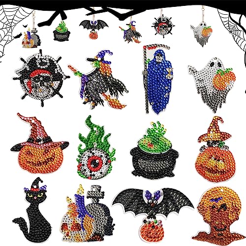 12 Stück Halloween Diamant Malerei Schlüsselanhänger DIY Voll Strass Diamant Malerei Set Geister Kürbis Mosaik Aufkleber Schlüsselanhänger Malen Zahlen Stickerei Kunsthandwerk für Geldbörse Rucksack von Jodsen