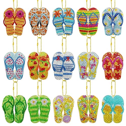 15 Stück 5D Diamond Painting Anhänger,DIY Diamant Malerei Schlüsselanhänger Kits für Kinder Erwachsene,Sommer Strand Flip-Flops Muster Schlüsselbund Strass Malerei Stickerei Kunst Ornamente Dekoration von Jodsen