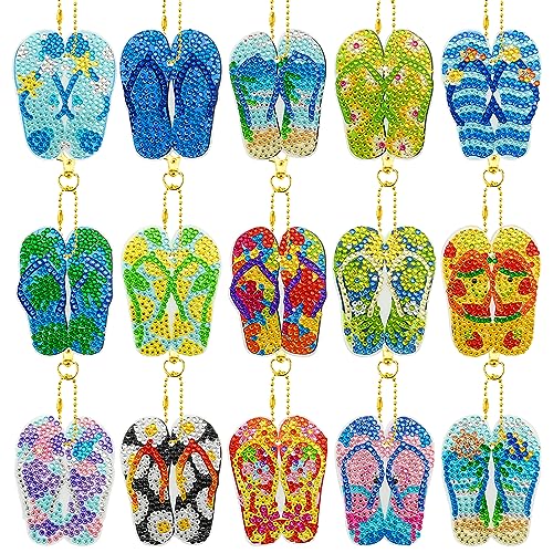 15 Stück 5D Diamond Painting Anhänger,DIY Diamant Malerei Schlüsselanhänger Kits für Kinder Erwachsene,Sommer Strand Flip-Flops Muster Schlüsselbund Strass Malerei Stickerei Kunst Ornamente Dekoration von Jodsen
