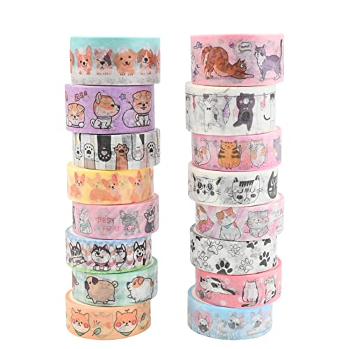 16 Rollen Washi Tape Set Niedlich Haustiere Dekoratives Masking Tape Kawaii Hund Katze Multi-Pattern Washi Klebeband ästhetische Aufkleber Pastell Klebeband für Scrapbooking Basteln Geschenkverpackung von Jodsen