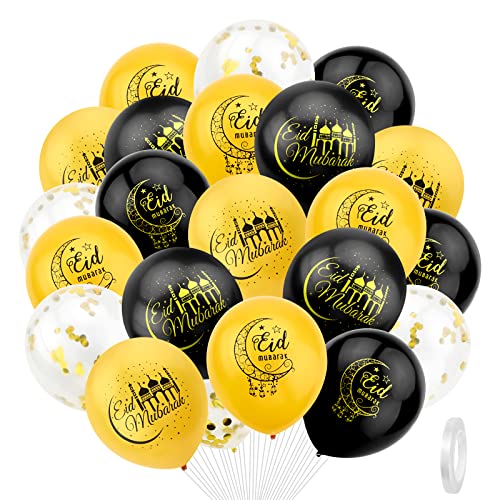 25 Stuck Eid Mubarak Dekoration Ballon,Gold,Schwarz und Gold Konfetti Eid Mubarak Latexballons Ramadan Ballons Eid Mubarak Ramadan Feier Dekoration Latex Ballons mit Band für Eid Party Dekoration von Jodsen