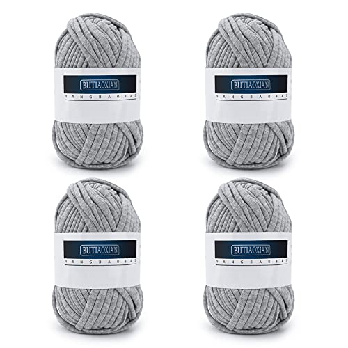 4 Pack 100g Grobes Baumwolle Garn zum Stricken und Häkeln T-Shirt Band Garn Strickgarn Baumwolle Überwurfgarn Weiches Großes Garn Häkelgarn Set für Korb Taschen Decken Hüte Spielzeug Schuhe Grau von Jodsen