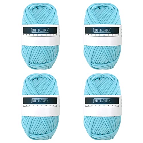 4 Pack 100g Grobes Baumwolle Garn zum Stricken und Häkeln T-Shirt Band Garn Strickgarn Baumwolle Überwurfgarn Weiches Großes Garn Häkelgarn Set für Korb Taschen Decken Hüte Spielzeug Schuhe Seeblau von Jodsen