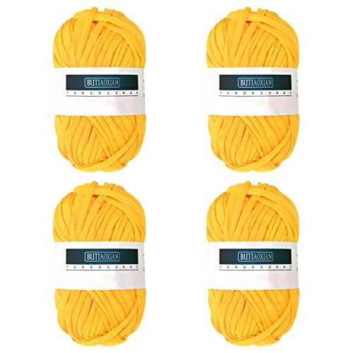 4 Pack 100g Grobes Baumwolle Garn zum Stricken und Häkeln T-Shirt Band Garn Strickgarn Baumwolle Überwurfgarn Weiches Großes Garn Häkelgarn Set für Korb Taschen Decken Hüte Spielzeug Schuhe Gelb von Jodsen