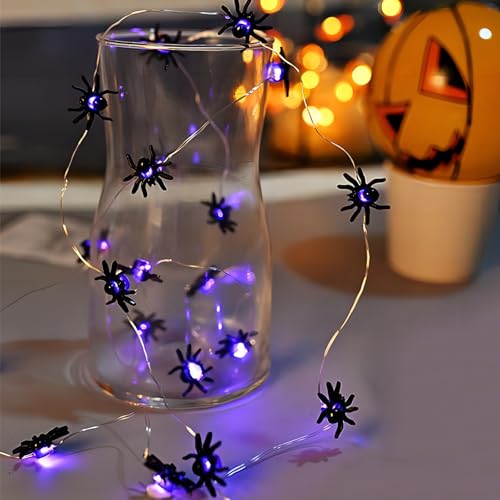 Jodsen Halloween Deko Outdoor Lichterkette mit 20 LED & Spinnen-Design - 2m Batteriebetriebene Grusel-Deko für Garten, Terrasse und Halloween-Party (Lila, Kunststoff) von Jodsen