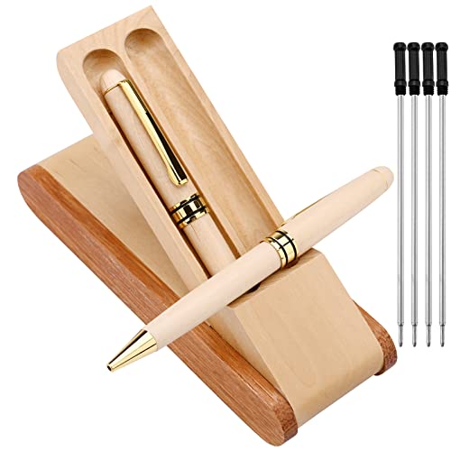 Kugelschreiber Set,2 Stück Bambus Holzkugelschreiber mit 4 Stück Kugelschreiberminen und Holzetui Box Einziehbarer Schwarzer Tinte Stifte Rollerball Gel Tintenstifte für Den Büroalltag und Zuhause von Jodsen