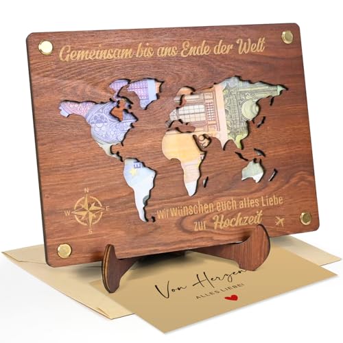Joellfuner Geldgeschenk Hochzeit, Weltkarte Bilderrahmen Geldgeschenk, Hochzeit Geschenke mit Ständern Briefköpfe, Dekorative Geschenkkarte Holz, Personalisierte Weltkarte für Brautpaar (Braun) von Joellfuner