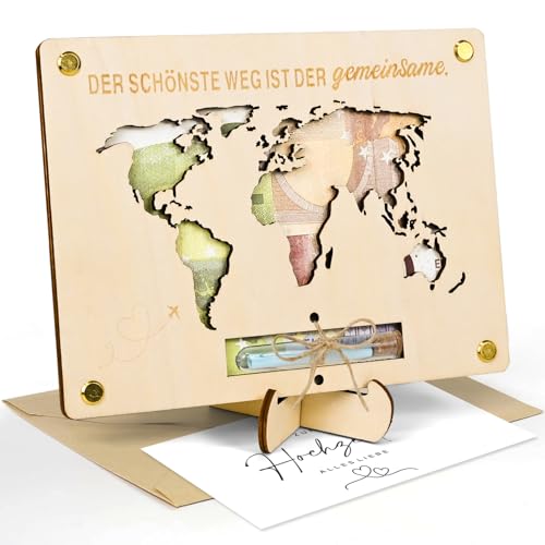 Joellfuner Geldgeschenk Hochzeit, Weltkarte Bilderrahmen Geldgeschenk, Hochzeit Geschenke mit Ständern Briefköpfe, Dekorative Geschenkkarte Holz, Personalisierte Weltkarte für Brautpaar (Holzfarbe) von Joellfuner