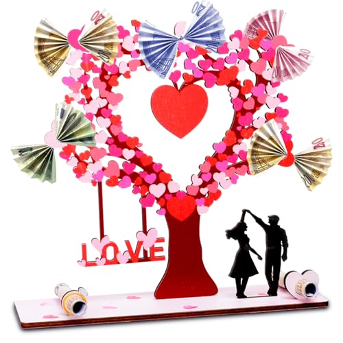 Geldgeschenk Hochzeit Holz mit Lichterketten, Hochzeitsgeschenke für Brautpaar Geld, Herzförmiges Geschenk zum Hochzeit Hochzeitstag aus Holz (Farbige Holzplatten),Geldbaum Hochzeit Ideen von Johiux
