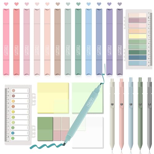 Johiux 12 Textmarker Pastell,5 Gelstifte,700 Blätter Transparente Haftnotizen,Sticky Notes Transparent Marker Stifte für Back to School Aesthetic Bible Marker Book Annotations School von Johiux