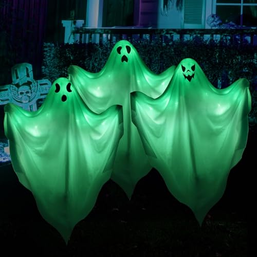 Johiux Halloween Geister Deko Garten Outdoor,3 Stück Halloween Geist Licht Pfahl,LED Geist Innenhof Lampenposten, Outdoor Horror hängende Zubehör für Rasen,Höfe,Terrassen und Spukhaus. (Grünes) von Johiux