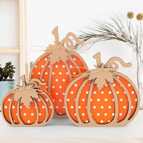 Johiux Herbst Kürbis DekoHerbstdeko Outdoor, 3 Stück Groß Orangefarbener Kürbisdekoration aus Holz Halloween Herbstdekoration für Tisch, Kamin, Regal, Schlafzimmer. von Johiux