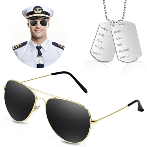 Johiux Karneval Kostüm Herren Brillen für Männer,Top Gun Kostüm Piloten Kostüm Damen und Herren fliegerbrille und militär kette Metall Hundemarke für Mardi Gras Party Dekoration. von Johiux