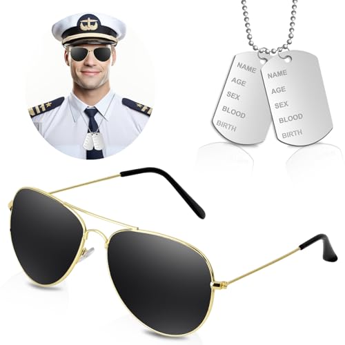 Johiux Karneval Kostüm Herren Brillen für Männer,Top Gun Kostüm Piloten Kostüm Damen und Herren fliegerbrille und militär kette Metall Hundemarke für Mardi Gras Party Dekoration. Johiux Karneval Kostüm Herren Brillen für Männer,Top Gun Kostüm Piloten Kostüm Damen und Herren fliegerbrille und militär kette Metall Hundemarke für Mardi Gras Party Dekoration. von Johiux