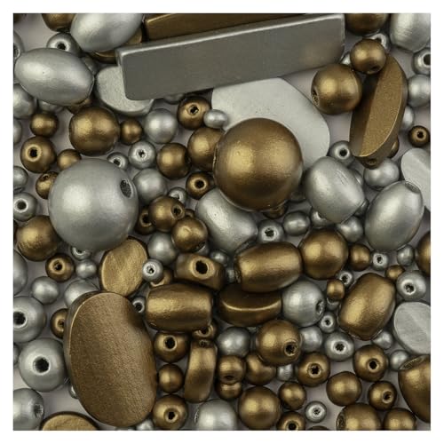 John Bead 90 g Bastelperlen Silber und Gold Holzperlen mit elastischer Nylonschnur von John Bead