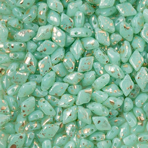 Matubo Tschechischer Gemduo 2-Loch, Opalgrün, Aqua-Gold-Spritzer, 50 g von John Bead