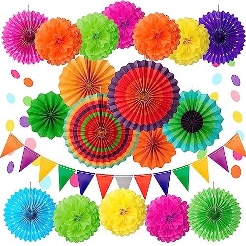 Fiesta Party Decorations Mehrfarbige Tischdecke Papierfächer Pompons Papierballongirlanden Partydekoration Set für Geburtstag Hochzeit Fiesta Partydekoration 20 Stück von Johotone