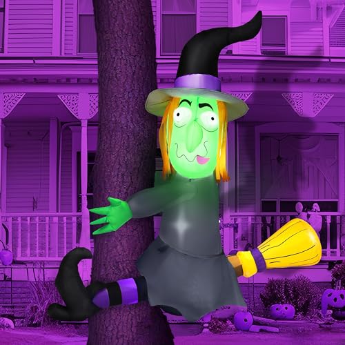 Joiedomi 1,22 m große, aufblasbare Halloween-Hexe, die gegen einen Baum kracht, mit eingebauten LEDs, aufblasbares Spielzeug für Halloween-Partys drinnen, draußen, im Hof, im Garten von Joiedomi