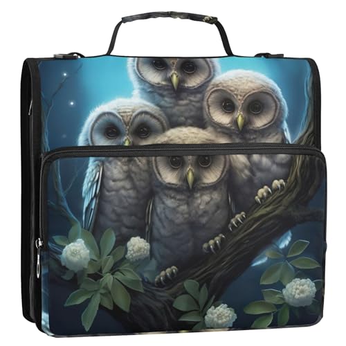 3 Ringbinder, D-Ring, niedliche Eulen, Vögel, Reißverschluss, Ordner mit Schultergurt, für Schule, einfache Multi-Taschen, große Portfolio-Mappe von Joitme