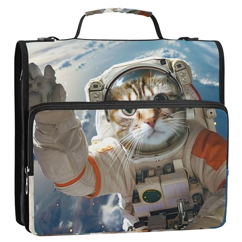 3 Ringbücher, D-Ring, süße Katze, Astronaut, Reißverschluss, Organizer, Ordner mit Schultergurt, für Schule, Druckportfolio und Etui, Ringordnerhalter von Joitme