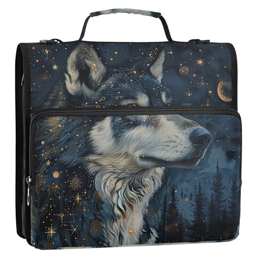3-Ringordner, strapazierfähig, Motiv: Sternennacht, Wolf, Reißverschluss, Portfolio-Etui mit Griff, 3,8 cm 3-Ringordner, strapazierfähig, Motiv: Sternennacht, Wolf, Reißverschluss, Portfolio-Etui mit Griff, 3,8 cm von Joitme