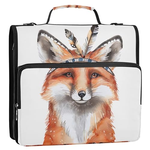 Aquarell-Fuchs-Ordner mit indischen Federn, 3,8 cm, 3 Ringbücher, strapazierfähig, mit Reißverschluss, Schulmappe mit Schultergurt, für Studenten, Portfolio-Etui mit Griff Aquarell-Fuchs-Ordner mit indischen Federn, 3,8 cm, 3 Ringbücher, strapazierfähig, mit Reißverschluss, Schulmappe mit Schultergurt, für Studenten, Portfolio-Etui mit Griff von Joitme